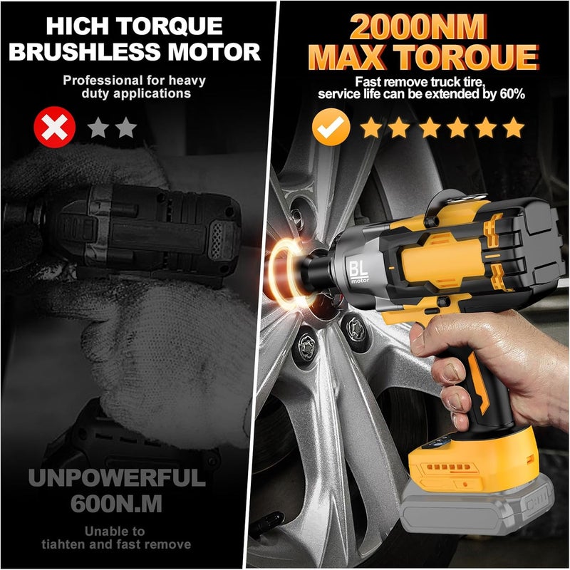 Labfintom Cordless Impact Wrench 3/4" for De-Walt 20V Battery, 1475 Ft-lbs (2000N.m) High Torque power Impact Gun Heavy Duty Brushless, 3 Mode, 1/2" Impact Socket Adapter, Car Tire Truck RV Mower (No battery) - Image 4